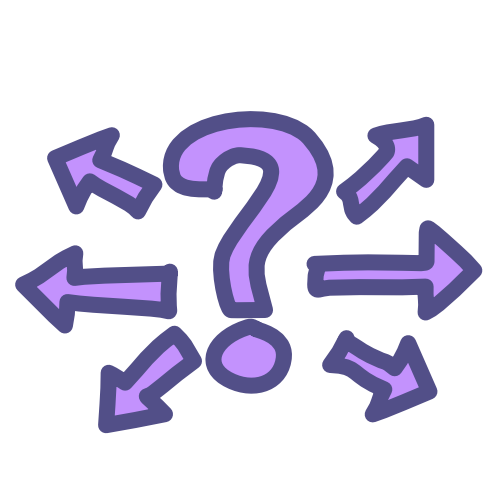 a purple question mark surrounded by purple outwards arrows.